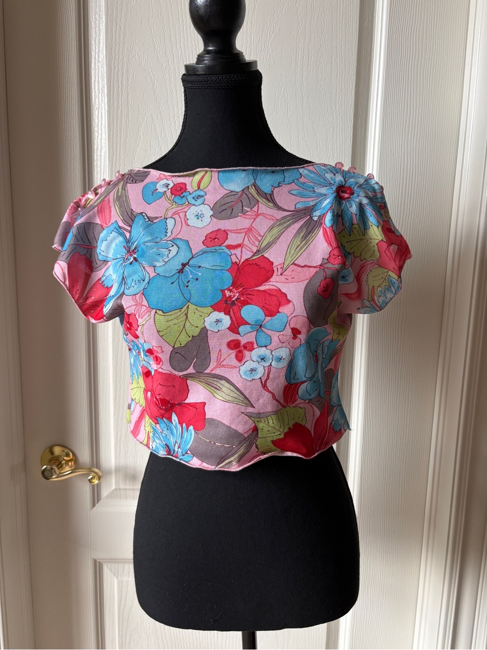 Y2K Floral Crop Top in Pink with Blue & Red Accents